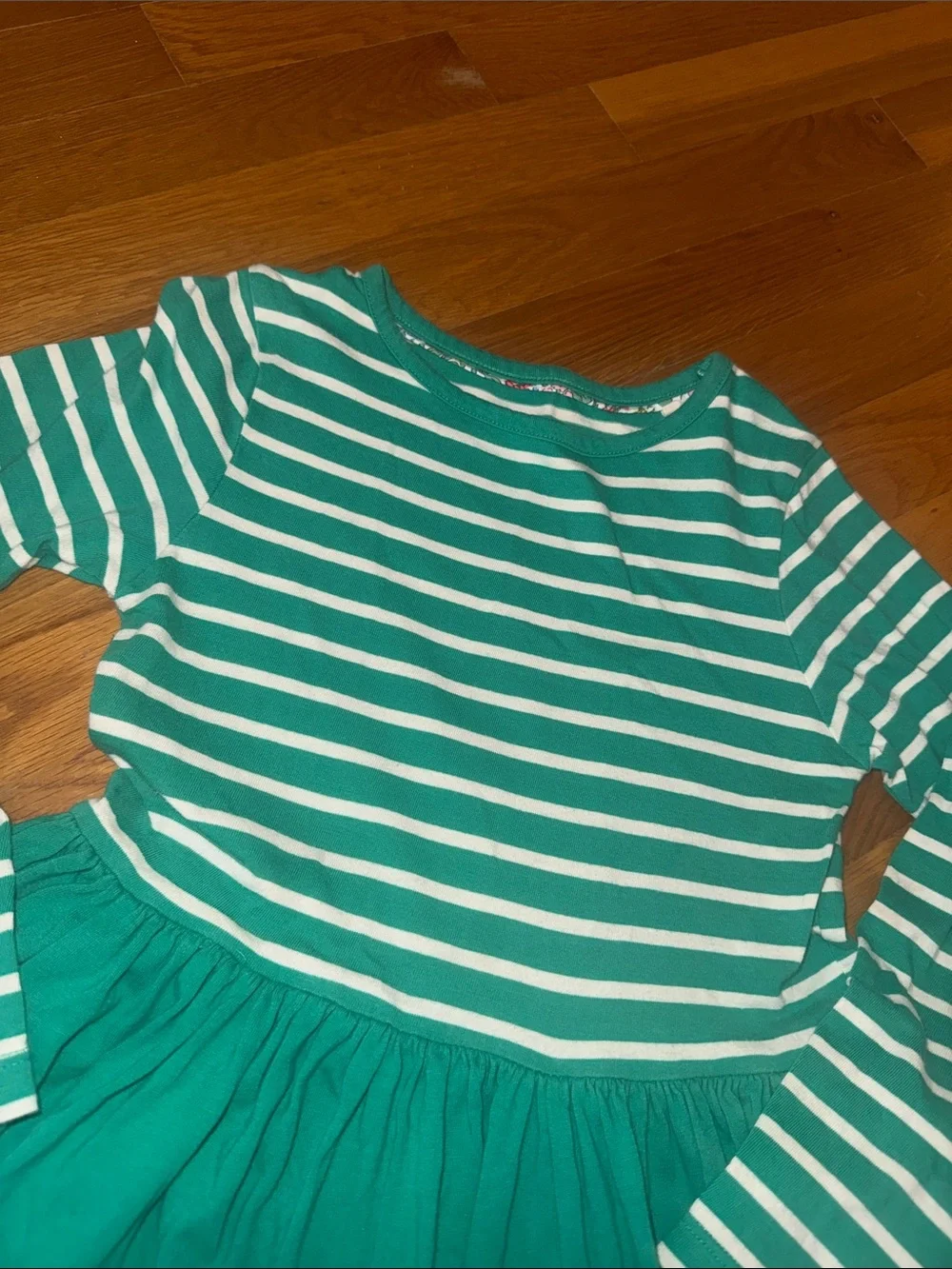 Mini Boden Green Striped Long-Sleeve Dress with Playful Animal Appliqués